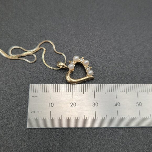 18 Inch Gold Over Sterling Pearls And Diamonds Heart Necklace A6169 - Picture 7 of 8